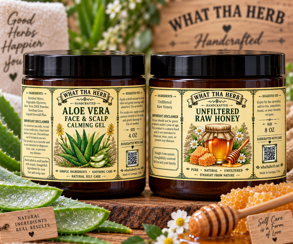 Aloe Face & Scalp Gel + Unfiltered Raw Honey | What Tha Herb