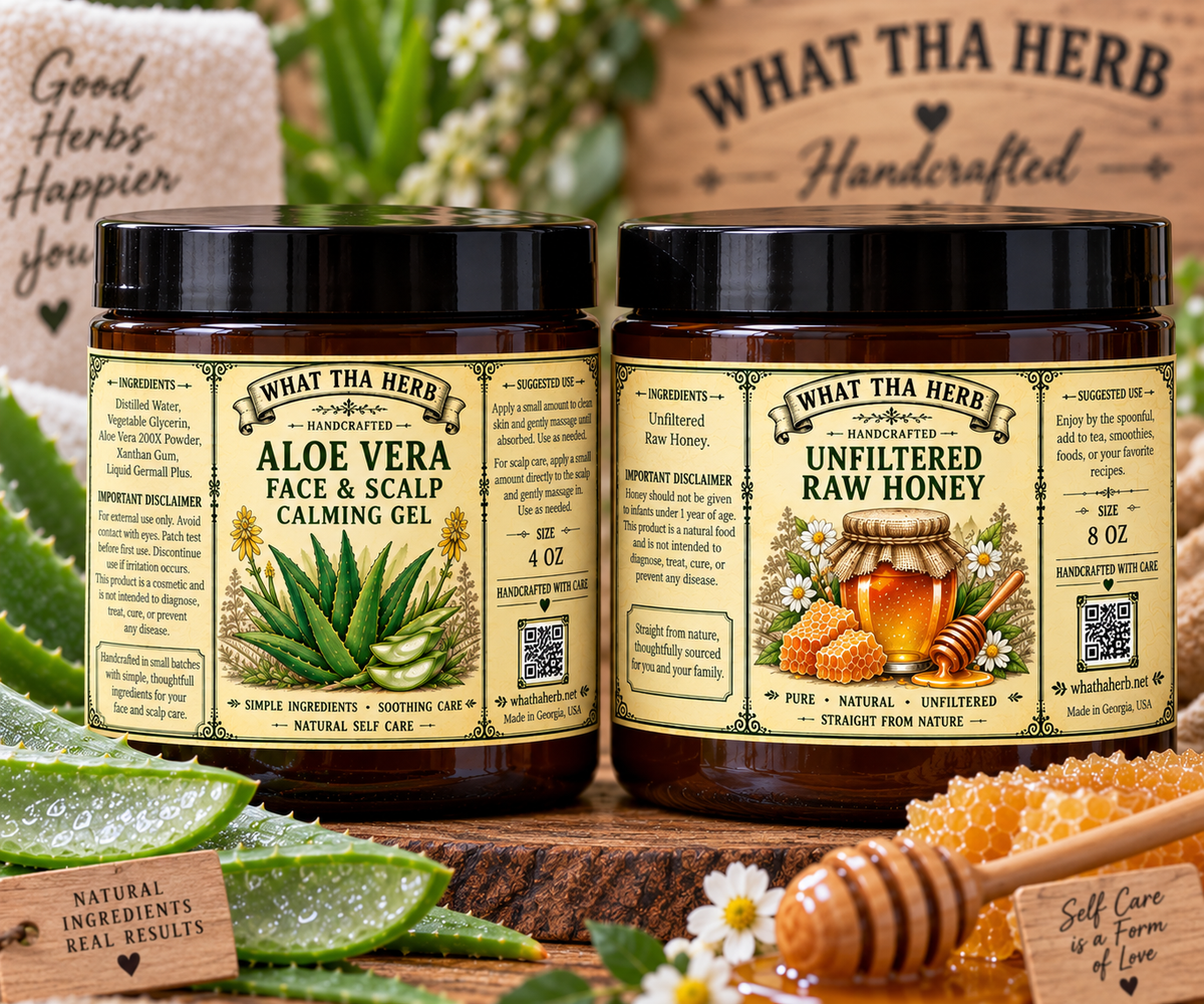 Aloe Face & Scalp Gel + Unfiltered Raw Honey | What Tha Herb