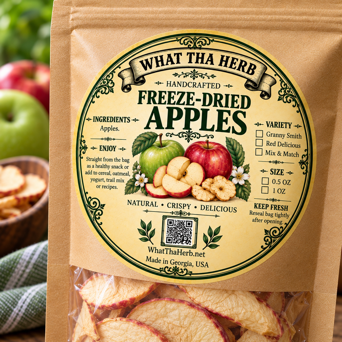 Freeze Dried Apples: Healthy Crunchy Fruit Snack - 0.5 oz / 1 oz Bags