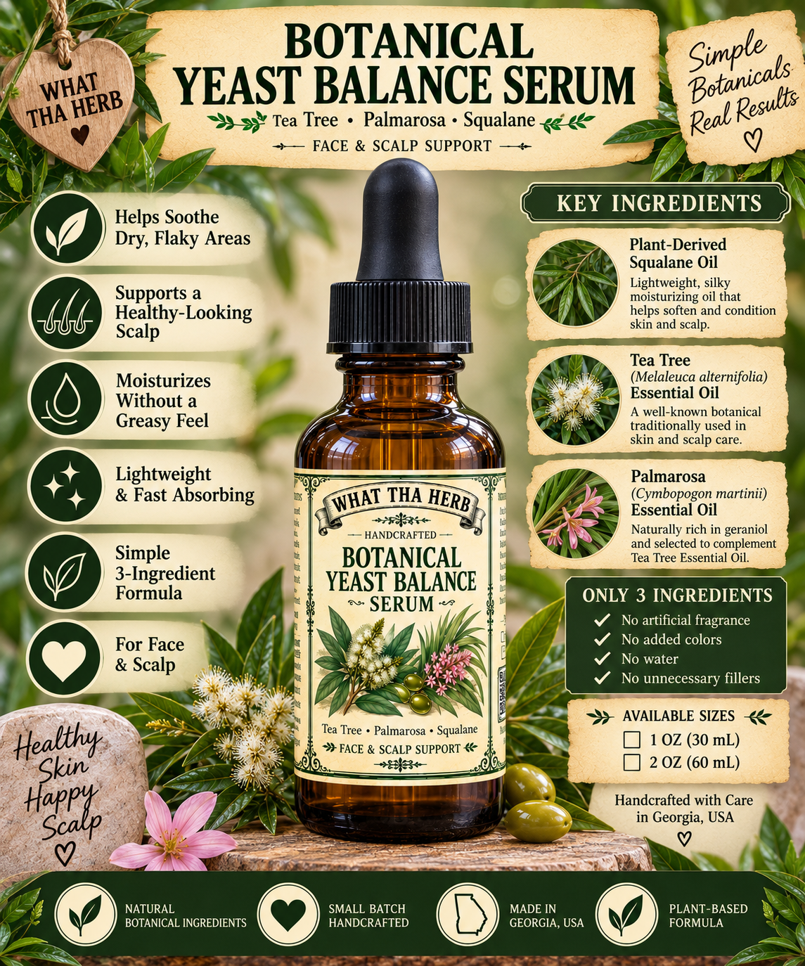 Botanical Yeast Balance Serum, Tea Tree Palmarosa Squalane Face & Scalp Oil