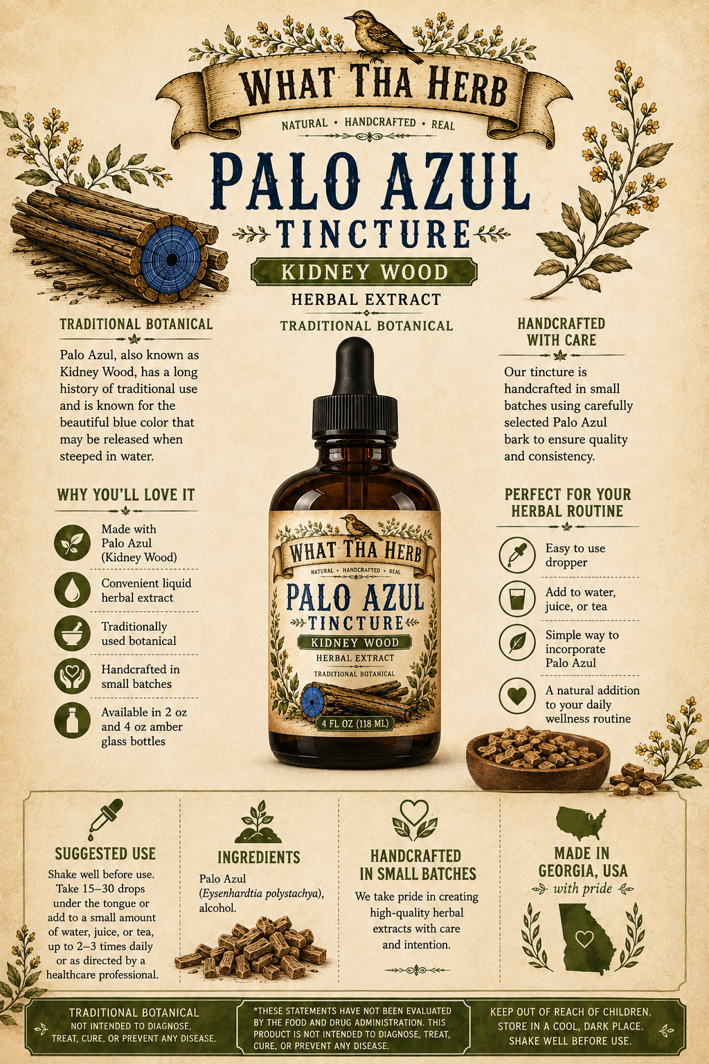 Palo Azul Tincture Kidney Wood Herbal Extract 2 oz & 4 oz
