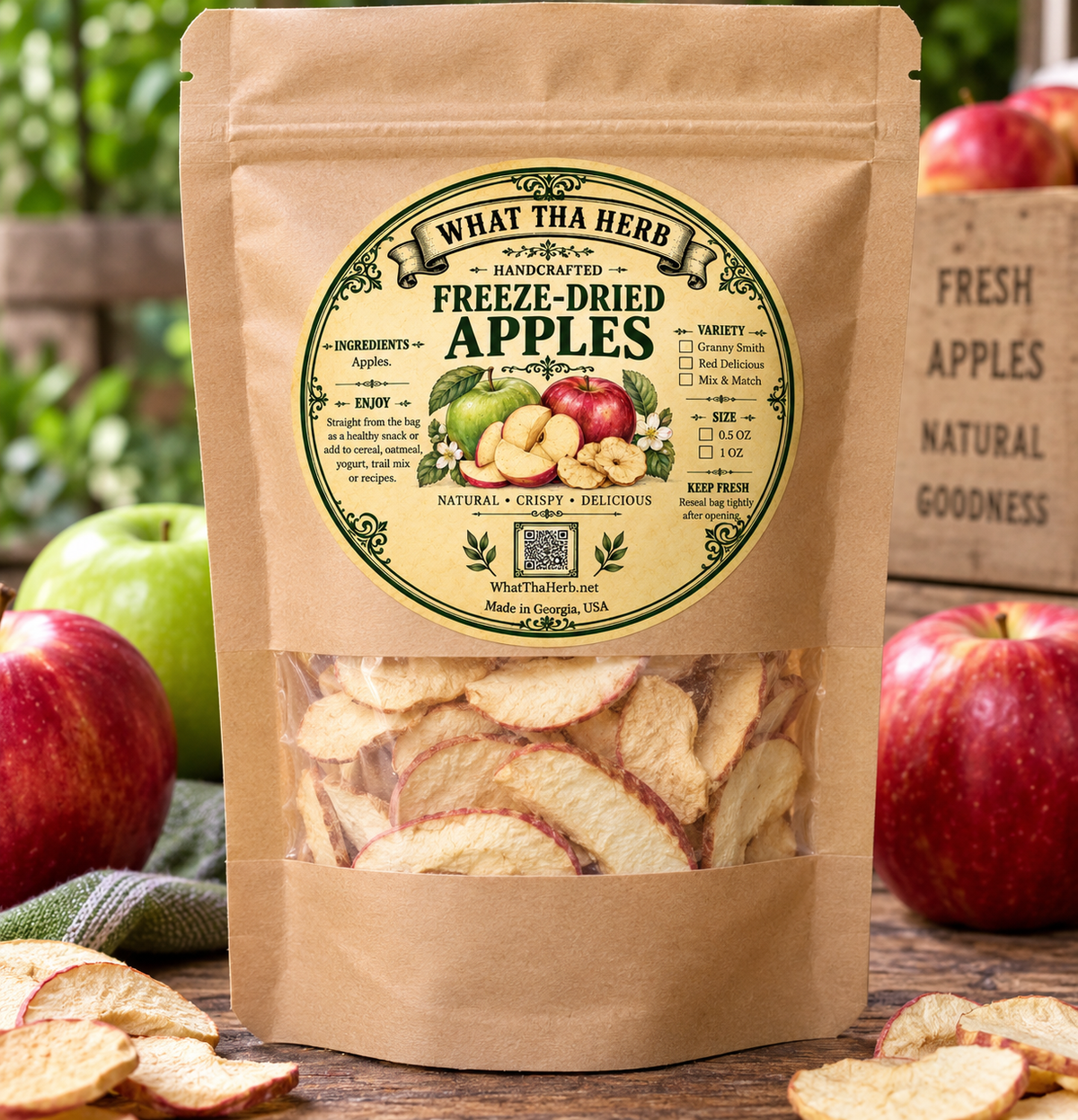 Freeze Dried Apples: Healthy Crunchy Fruit Snack - 0.5 oz / 1 oz Bags