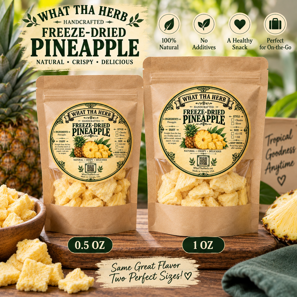 Freeze Dried Pineapple: Tropical Fruit Snacks - Crunchy Chunks or Slices