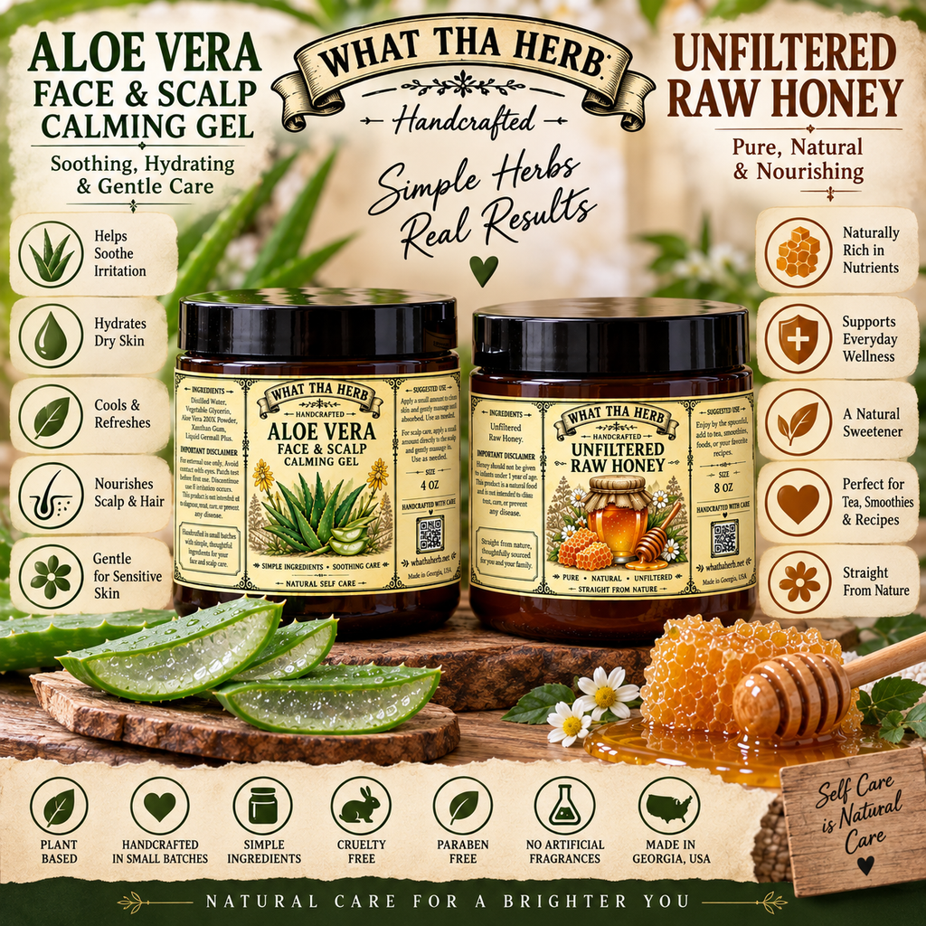 Aloe Face & Scalp Gel + Unfiltered Raw Honey | What Tha Herb