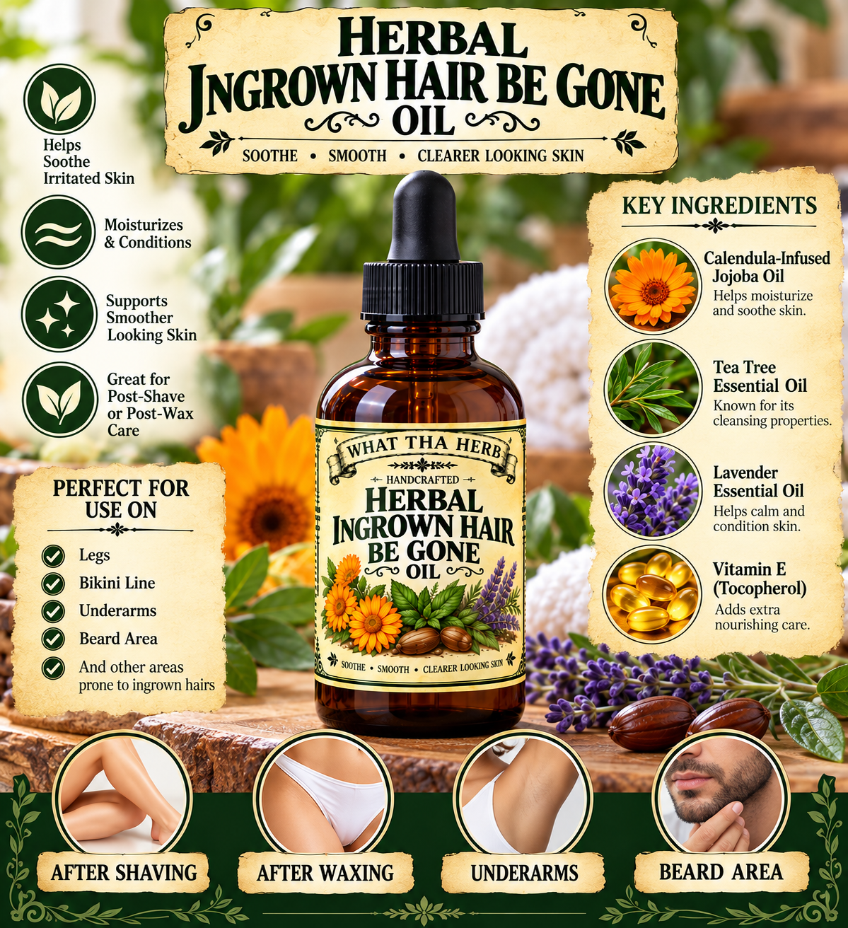 Herbal Ingrown Hair Be Gone Oil for Razor Bumps & Post Shave Skin Care