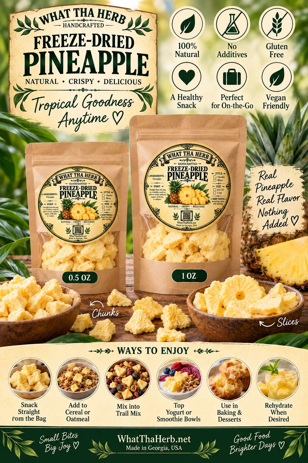 Freeze Dried Pineapple: Tropical Fruit Snacks - Crunchy Chunks or Slices