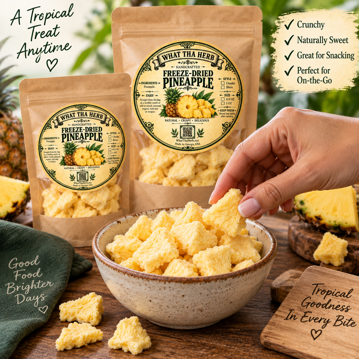 Freeze Dried Pineapple: Tropical Fruit Snacks - Crunchy Chunks or Slices
