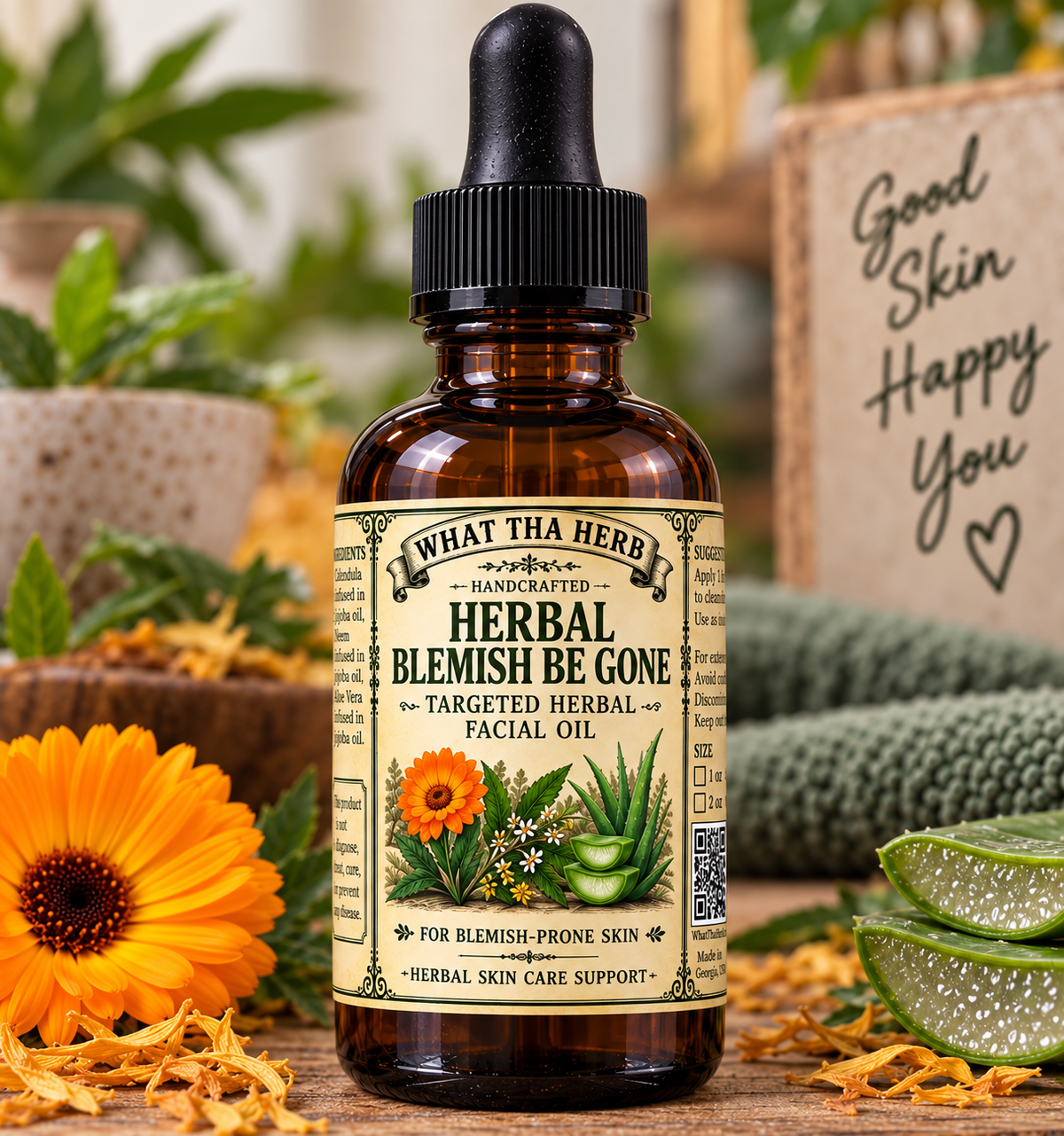 Herbal Blemish Be Gone Targeted Herbal Facial Oil, Neem Calendula Aloe Jojoba Oil, Blemish Prone Skin Care, 1 oz 2 oz