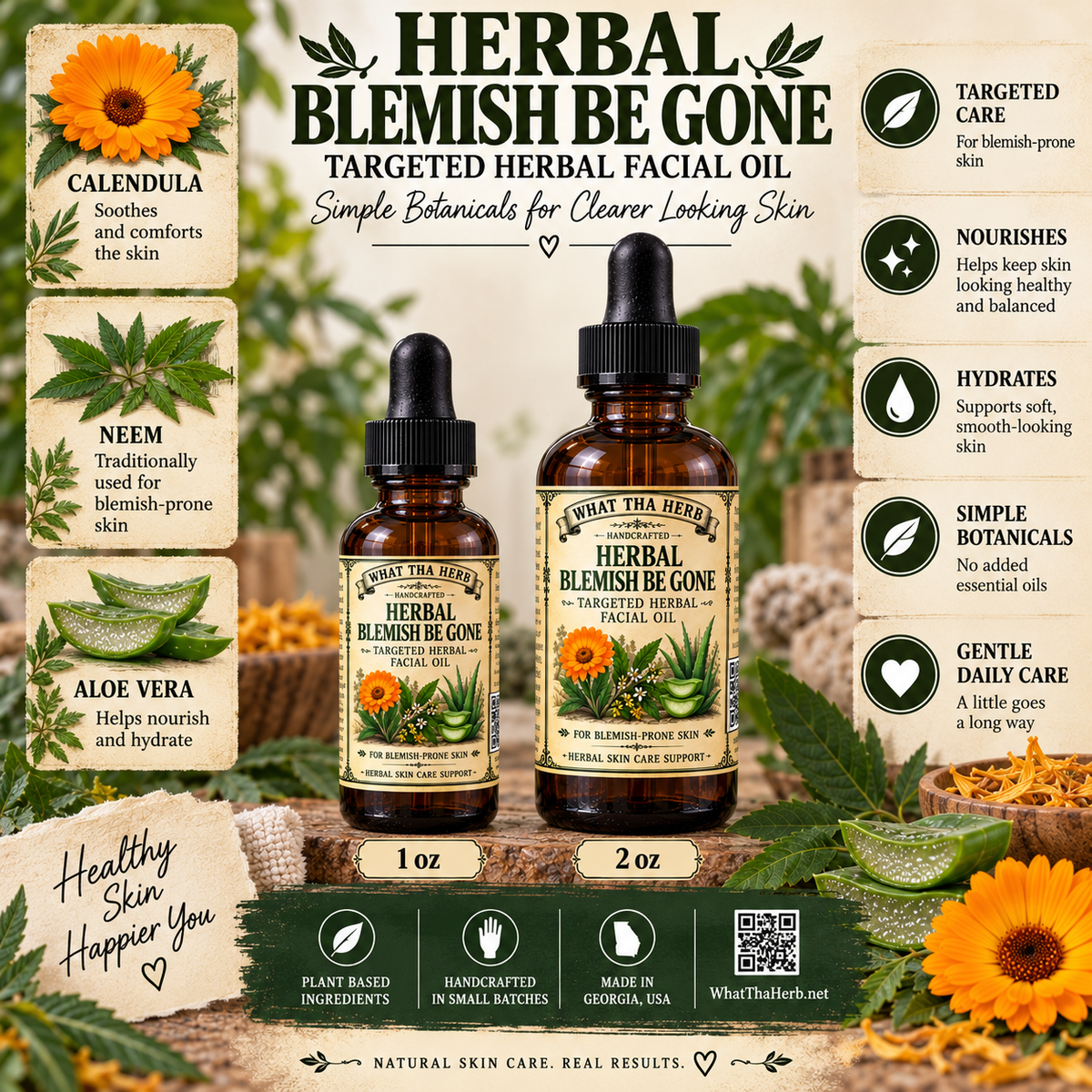 Herbal Blemish Be Gone Targeted Herbal Facial Oil, Neem Calendula Aloe Jojoba Oil, Blemish Prone Skin Care, 1 oz 2 oz