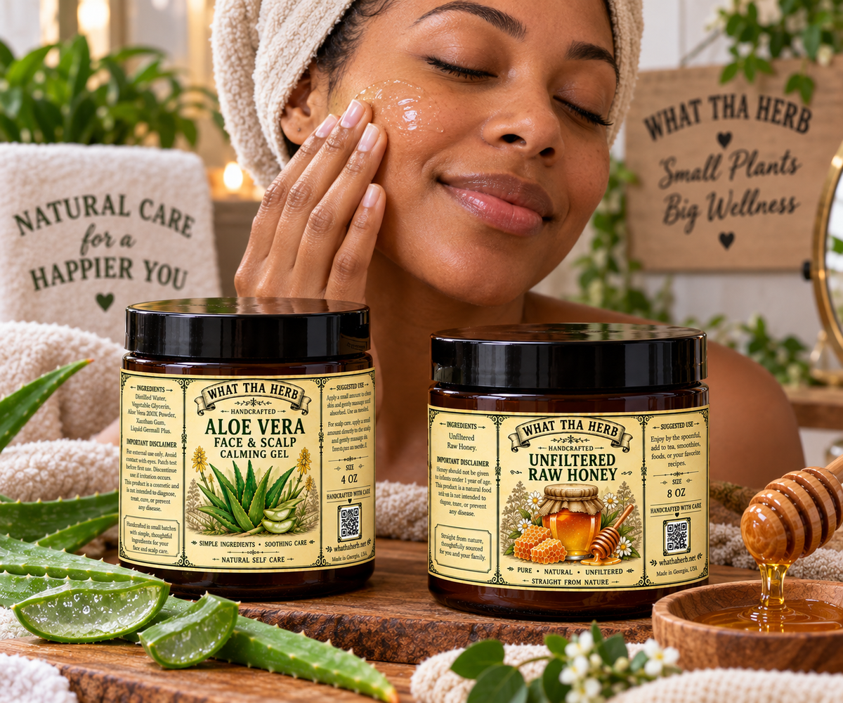 Aloe Face & Scalp Gel + Unfiltered Raw Honey | What Tha Herb