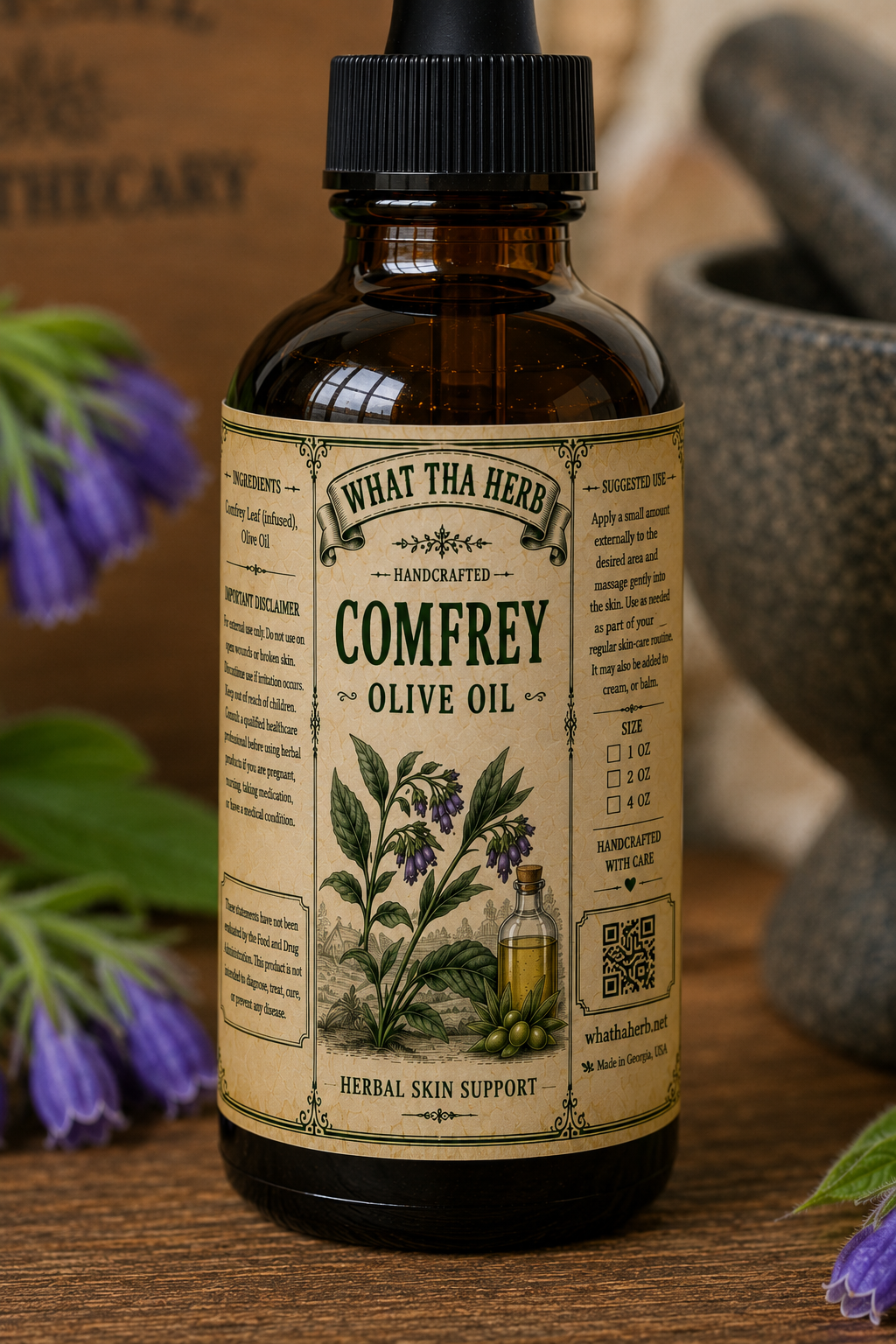 Comfrey Olive Oil Herbal Skin Support Handcrafted Botanical Body Oil