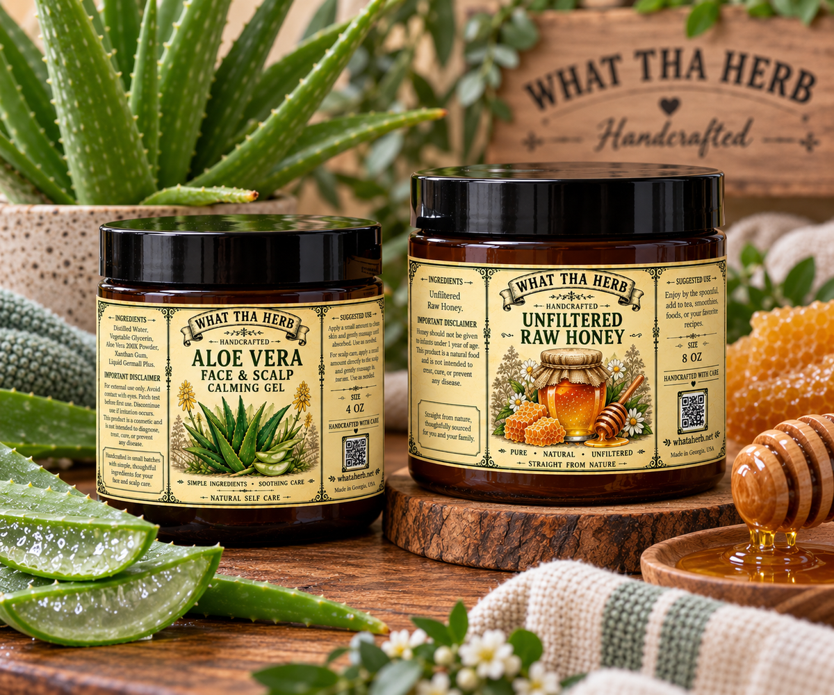 Aloe Face & Scalp Gel + Unfiltered Raw Honey | What Tha Herb