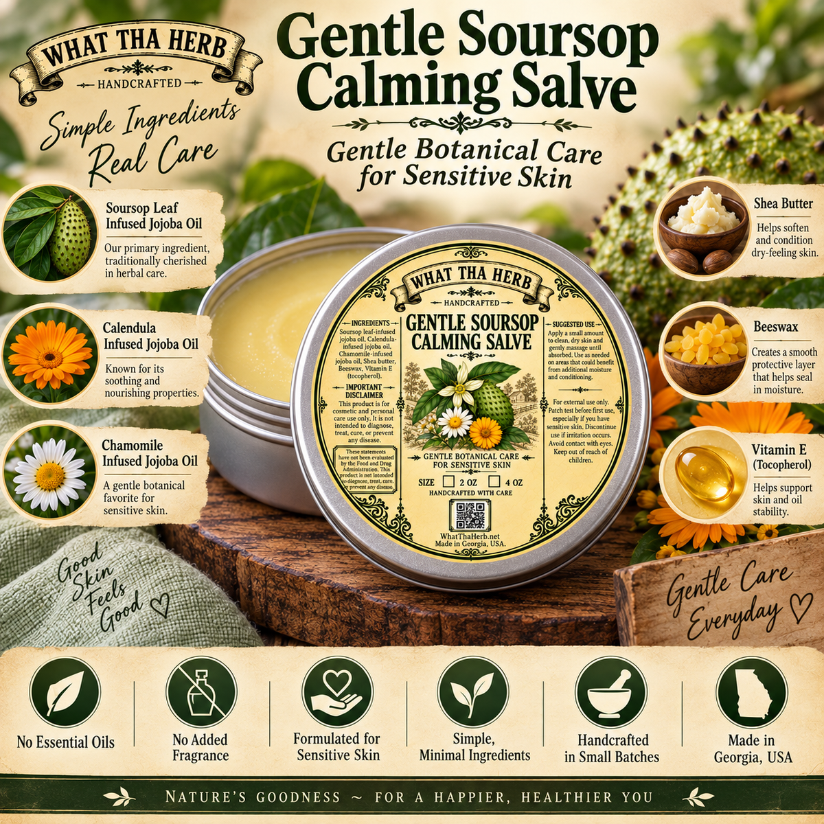 Gentle Soursop Calming Salve for Sensitive Skin | Fragrance Free Botanical Salve