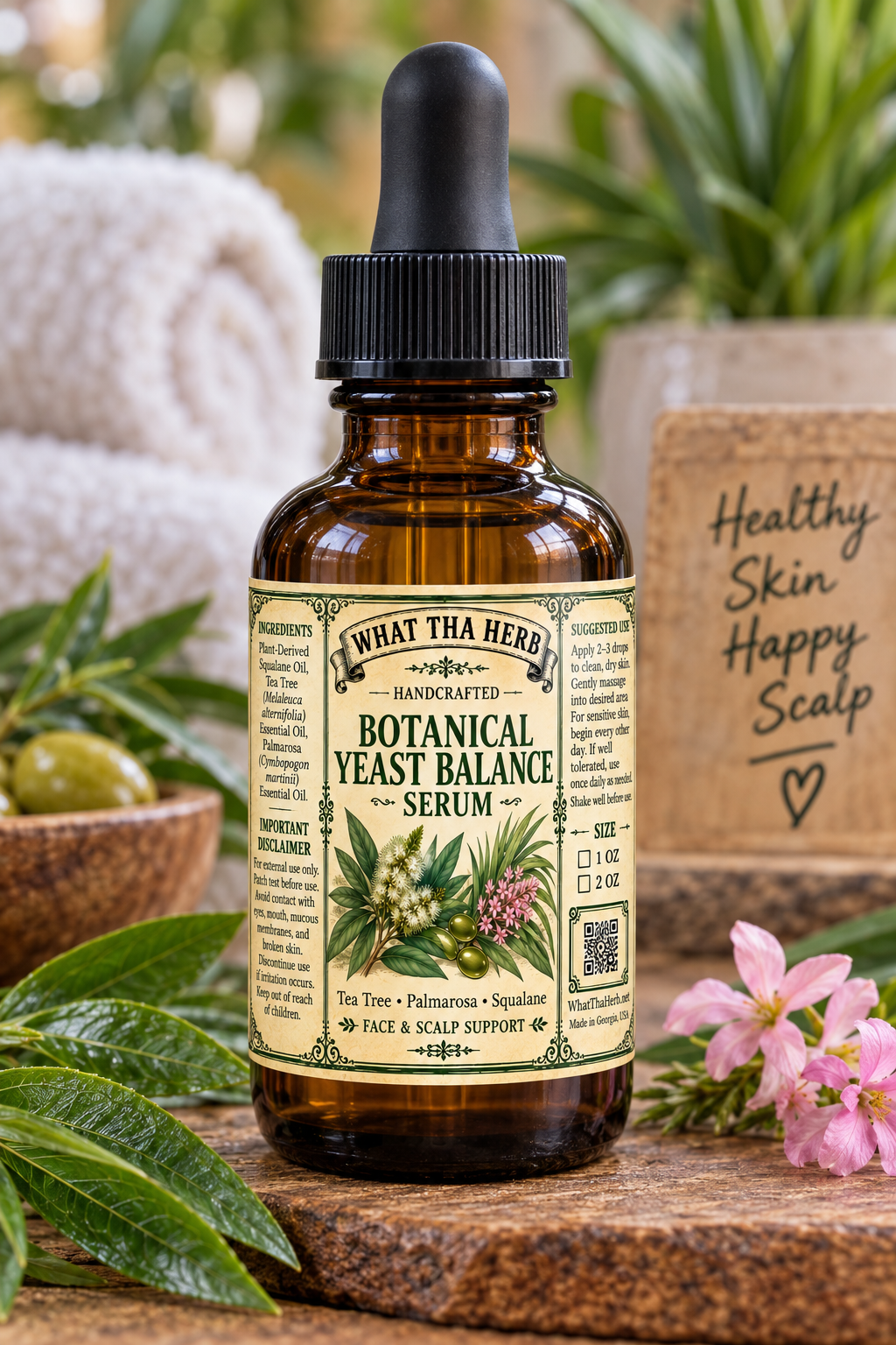 Botanical Yeast Balance Serum, Tea Tree Palmarosa Squalane Face & Scalp Oil