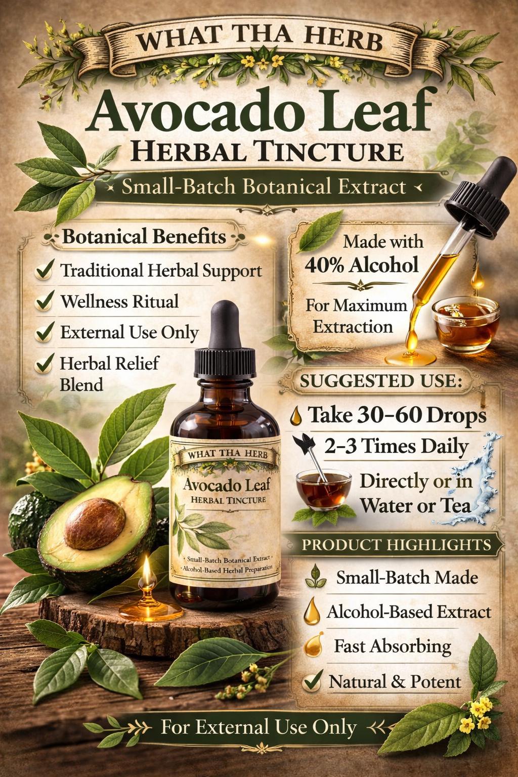 Avocado Leaf Herbal Tincture, Small Batch Botanical Extract Drops