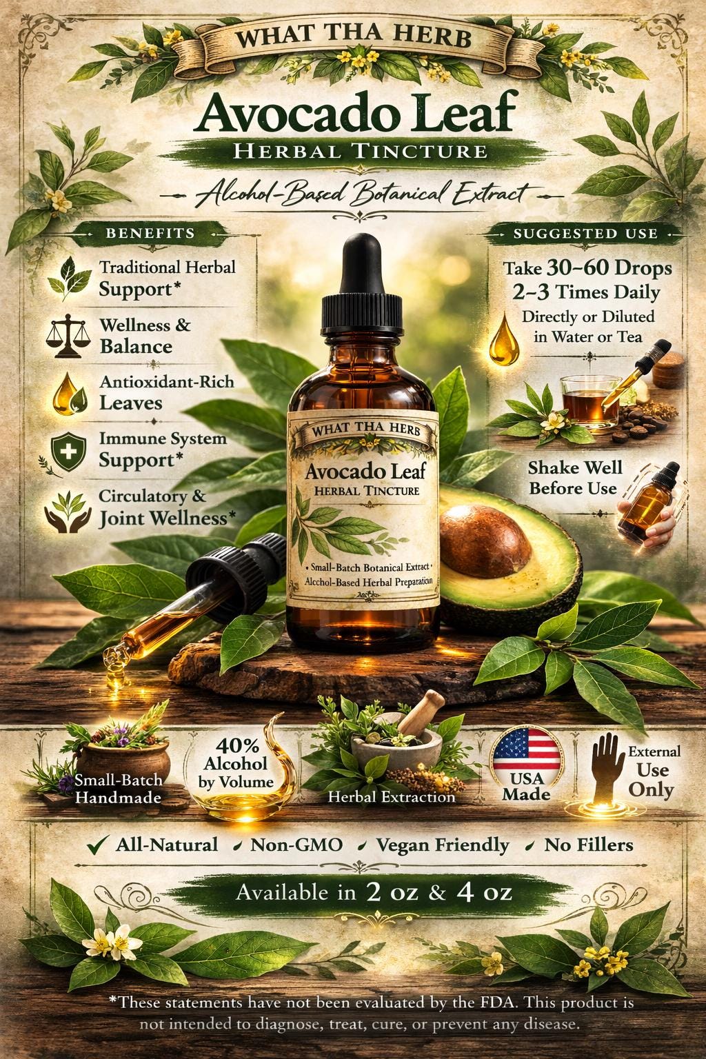 Avocado Leaf Herbal Tincture, Small Batch Botanical Extract Drops