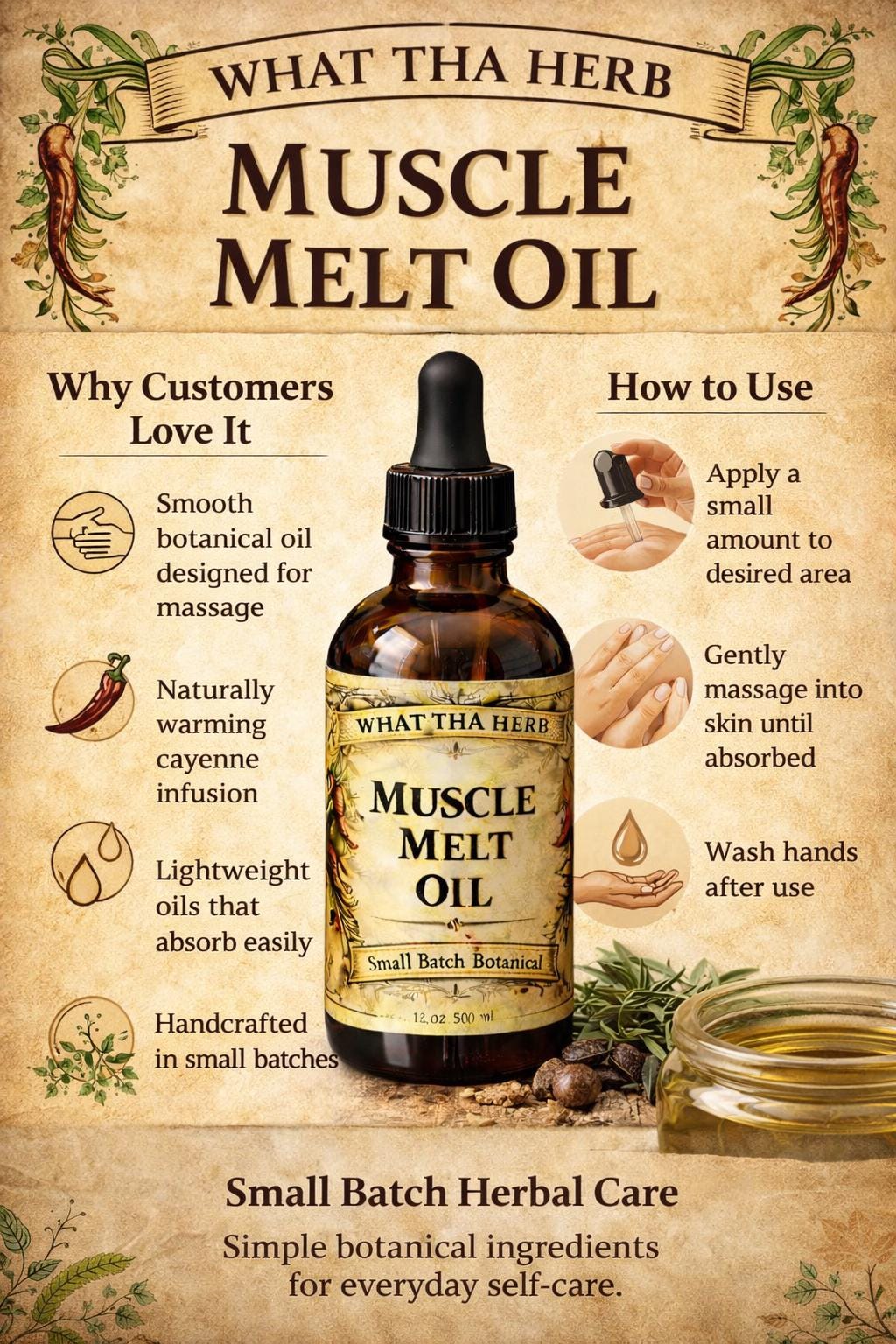 Muscle Melt Oil | Warming Cayenne Botanical Massage Oil | Post Workout Herbal Body Care