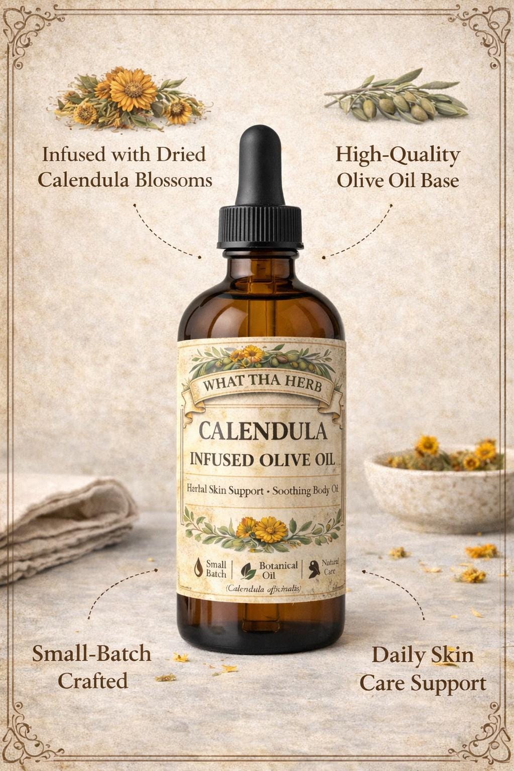 Calendula Infused Olive Oil | Herbal Skin Support | Soothing Body Oil | Natural Botanical Moisturizer