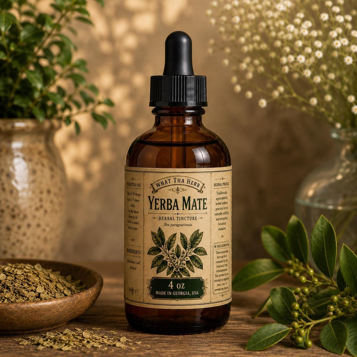 Yerba Mate Tincture – Herbal Energy Extract | Amber Glass Dropper Bottle
