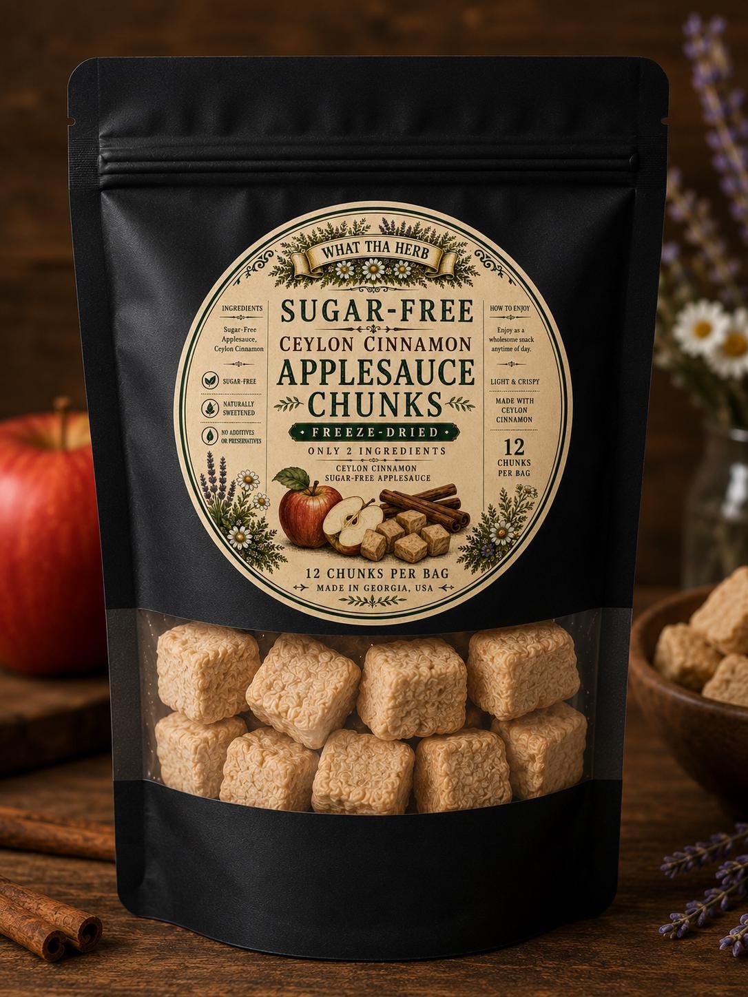 Sugar-Free Freeze-Dried Applesauce Chunks | Ceylon Cinnamon Snack | 12 Count Crunchy Apple Bites