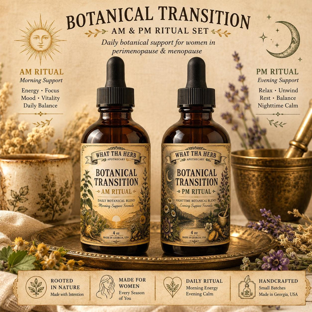 Botanical Transition AM PM Ritual Set | Women's Herbal Tincture Duo, Daily Wellness Blend