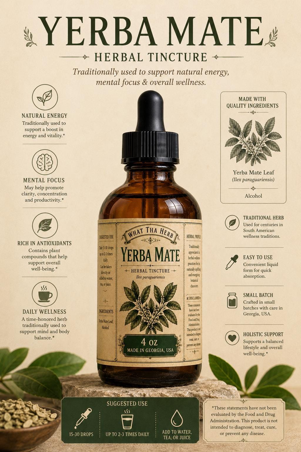 Yerba Mate Tincture – Herbal Energy Extract | Amber Glass Dropper Bottle