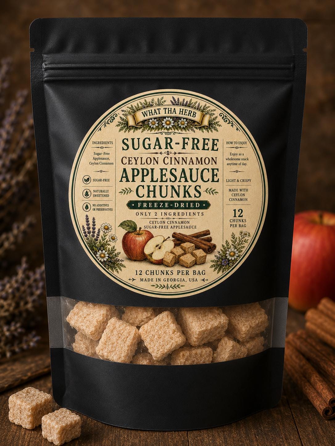 Sugar-Free Freeze-Dried Applesauce Chunks | Ceylon Cinnamon Snack | 12 Count Crunchy Apple Bites