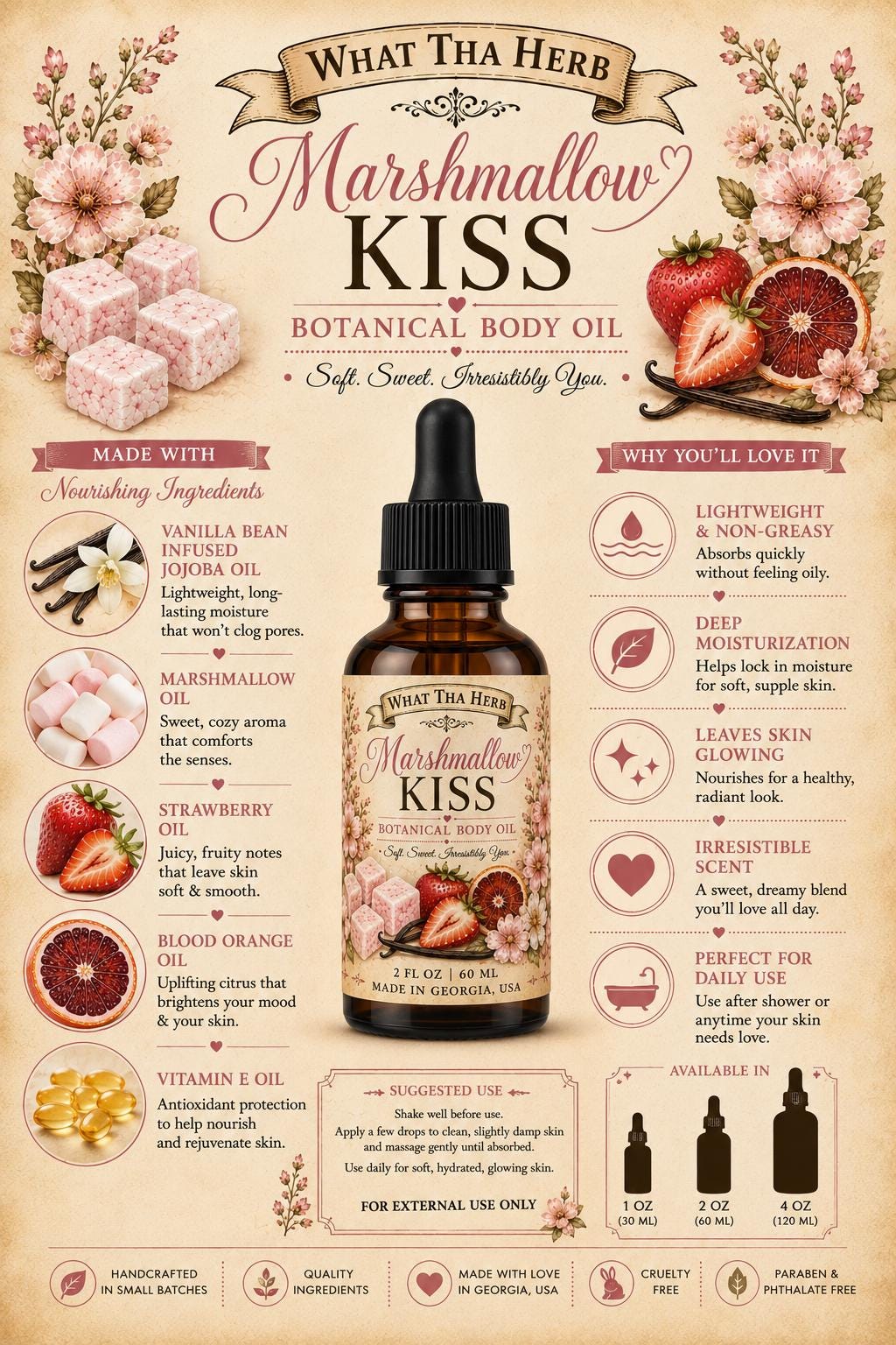 Marshmallow Kiss Botanical Body Oil | Vanilla Bean Jojoba Oil | Sweet Marshmallow & Strawberry Body Oil